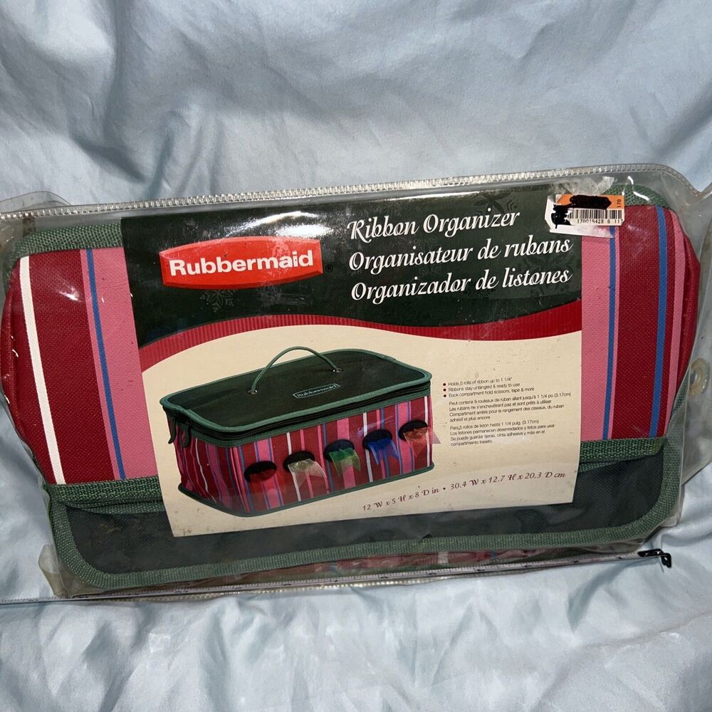 Rubbermaid Ribbon Organizer Vtg 12x5x8 Box Green Stripe 5 Compartments Zipper
